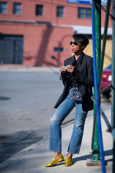 gold loafer outfit